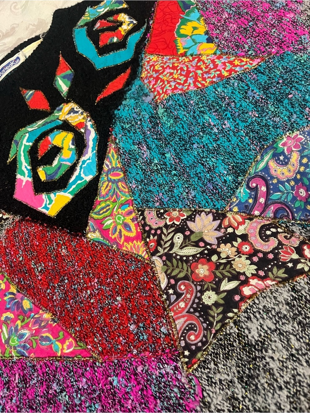 Vtg Mariea Kim Sweater Multicolor Vintage 80s Patchwork Knit Batwing Pullover M - Picture 9 of 12